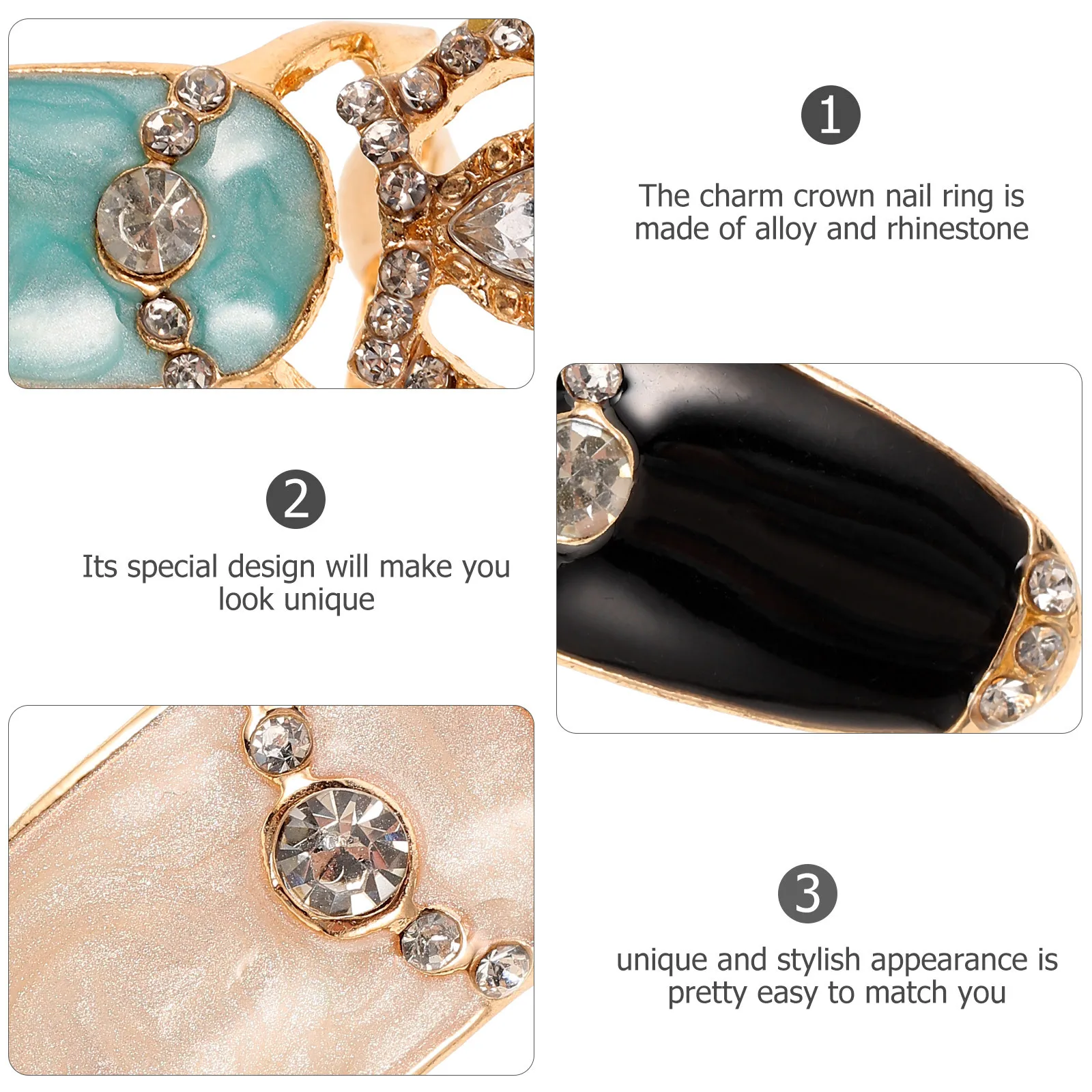 

4Pcs Crown Nail Ring Set Rhinestone Fingernails Accessories Elegant Party Banquet Ceremony Gift Crown Nail Ring