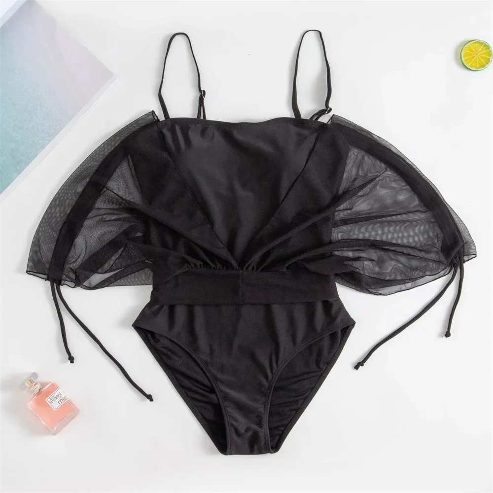Sexy Sling Bikini Black Mesh Cover Up Drawstring Batwing High-Waist Swimsuit Women 2 Piece Beach Bathing Suits Swimwear Biquinis