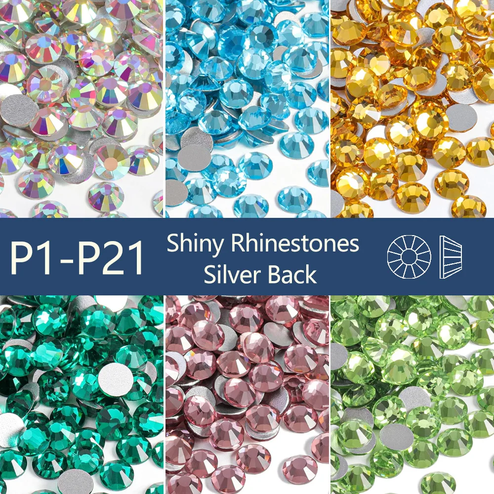 

P1-P21 Color Glitter Non Hotfix Rhinestones SS3-SS34 Glass Flat Back Rhinestone Strass Nail Art Diamond for Garment Decoration