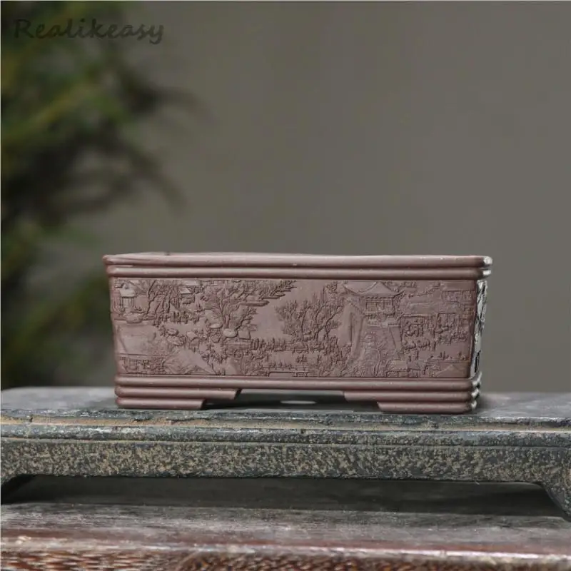 Pot de fleur carré de sable violet, pot de bonsaï de gravure d'instituts de Prairie City, style antique et classique Chiese, décor à la maison