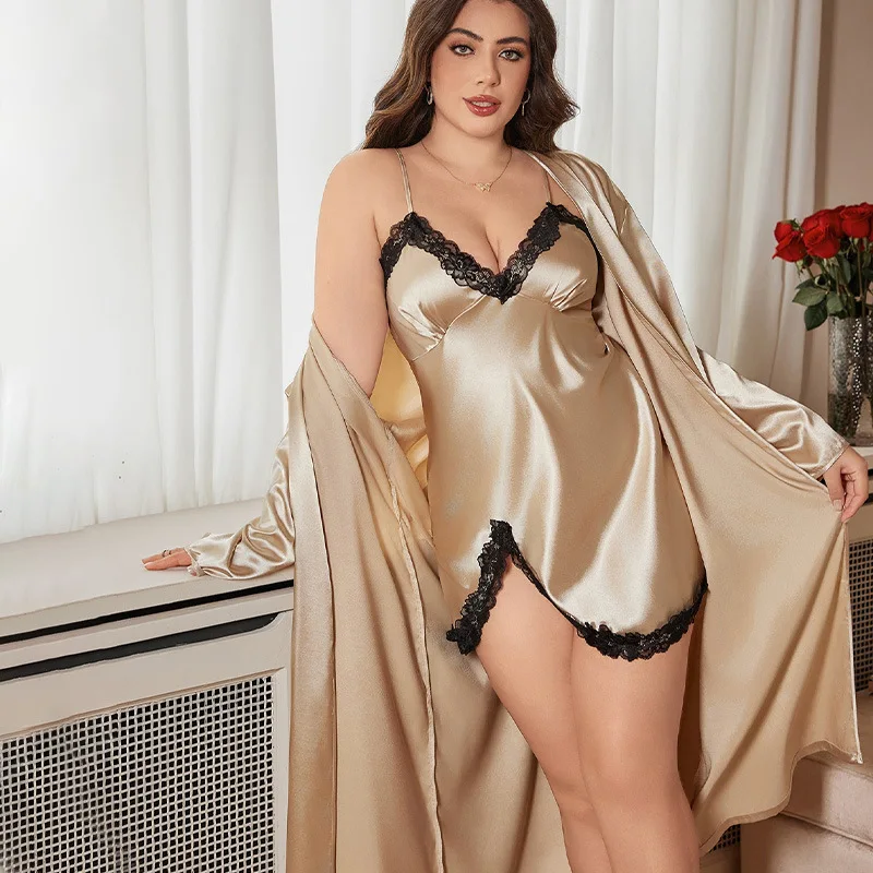 Plus Size Pajama Robe and Nightdress Set Women Sleepwear Pajama Summer Homewear Large Size Faux Silk Robe Simple Sexy Pajamas