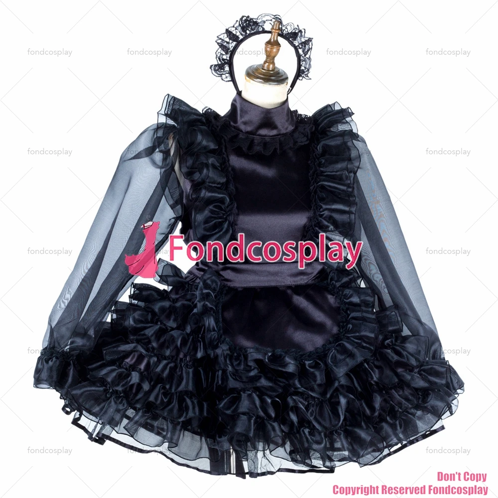 fondcosplay adult sexy cross dressing sissy maid short lockable black Satin Organza dress Uniform apron CD/TV[G2013]