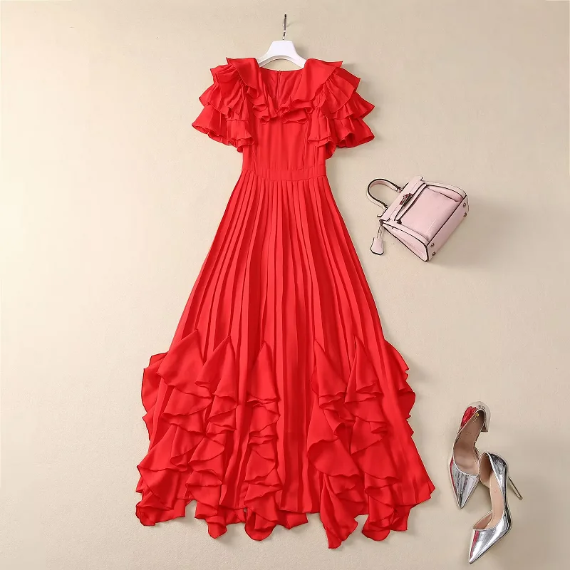 Newest Fashion Long Dress 2025 Spring Summer Party Evening Lady V-Neck Ruffle Floral Deco Short Sleeve Long Red Pink Maxi Dress