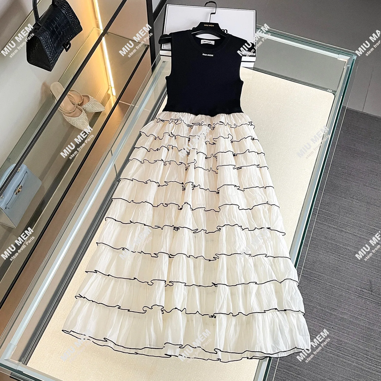 

Summer High Waist Knitted Vest Skirt Splice Layer Cake Skirt High Waist A-Line Women's dress