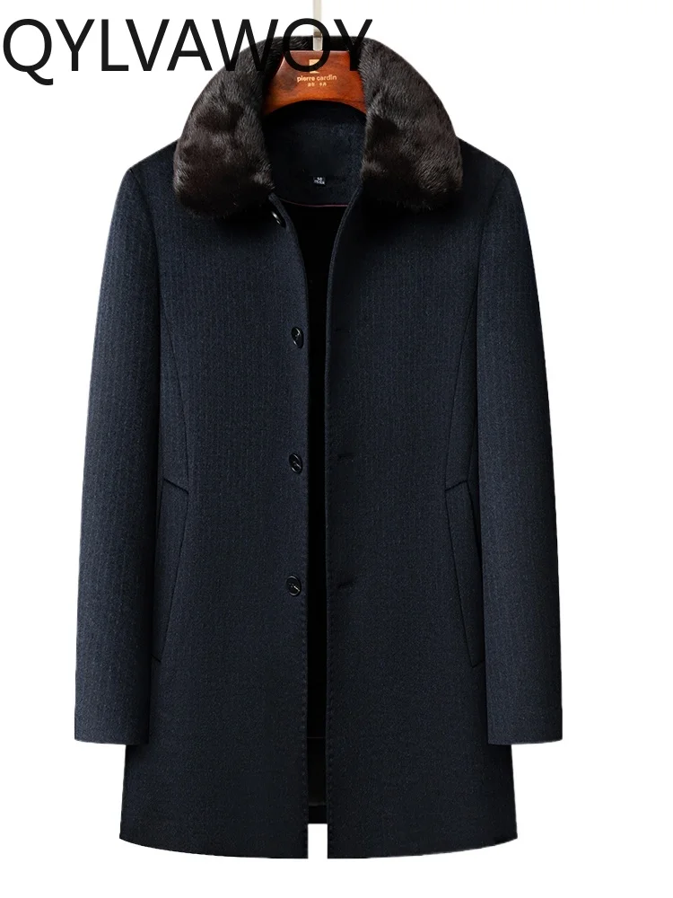 

QYLVAWOY 100% Polyester High-End Woolen Coat Men's Mid-Length Winter Mink Fur Collar Niekefu (Fur-Lined Coat) LJ2534