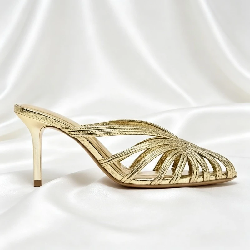 Gold Luxury Thin Heel Slippers Women Dress Shoes Summer New 2025 Hollow Beach Shoes Slides Designer Brand Sandals Ladies Pumps image 3
