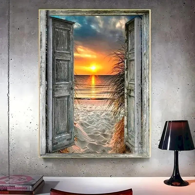 GATYZTORY nuova pittura diamante fatta a mano fai da te diamante rotondo diamante pieno soggiorno camera da letto pittura porta che porta al mare