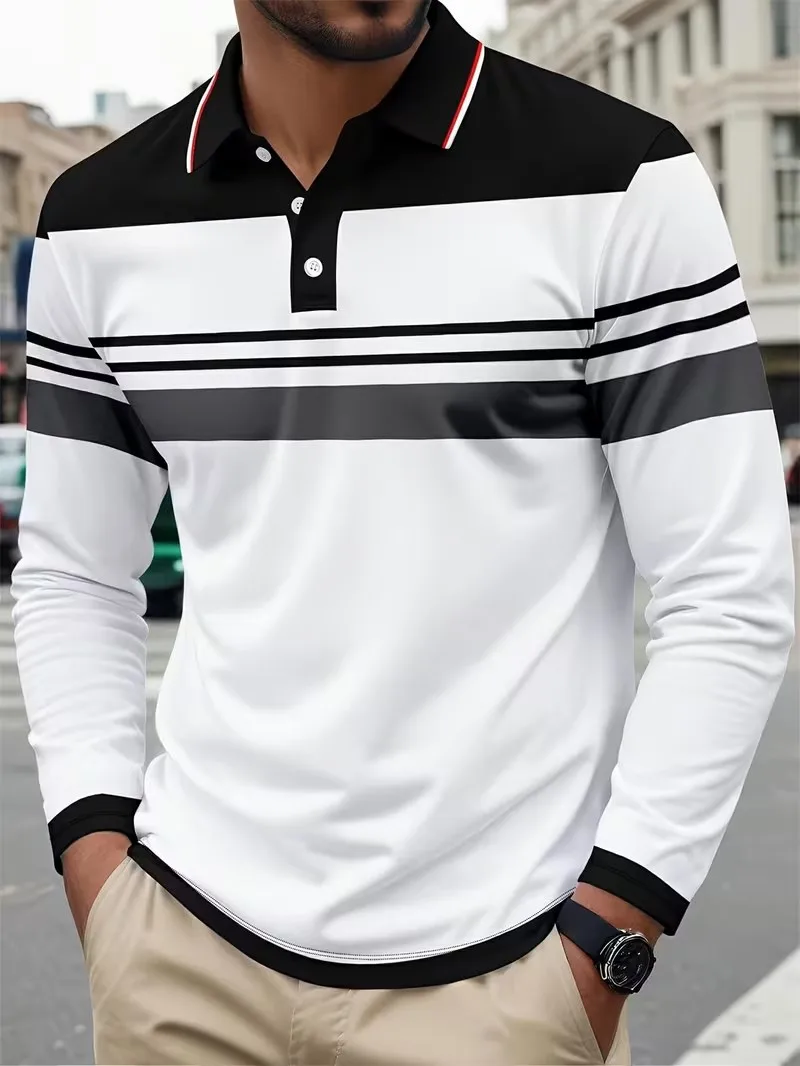 2026 autumn and winter new fashion casual men's long sleeved POIO shirt, 3D new fashion printed flip tie button men's POLO