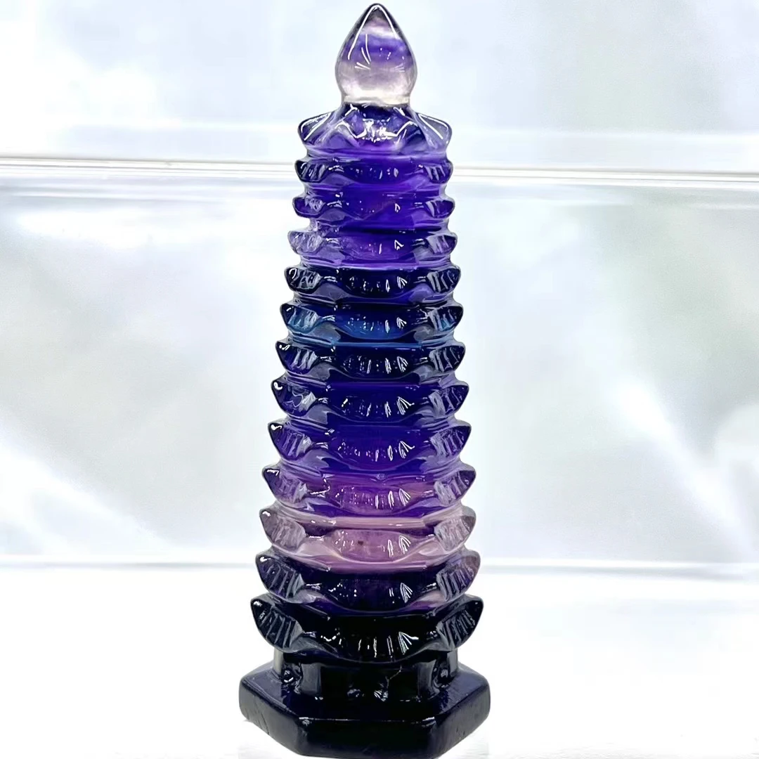 10cm Natural Colored fluorite pagoda point carved stone wenchang tower energy and chakra crystal healing crystals