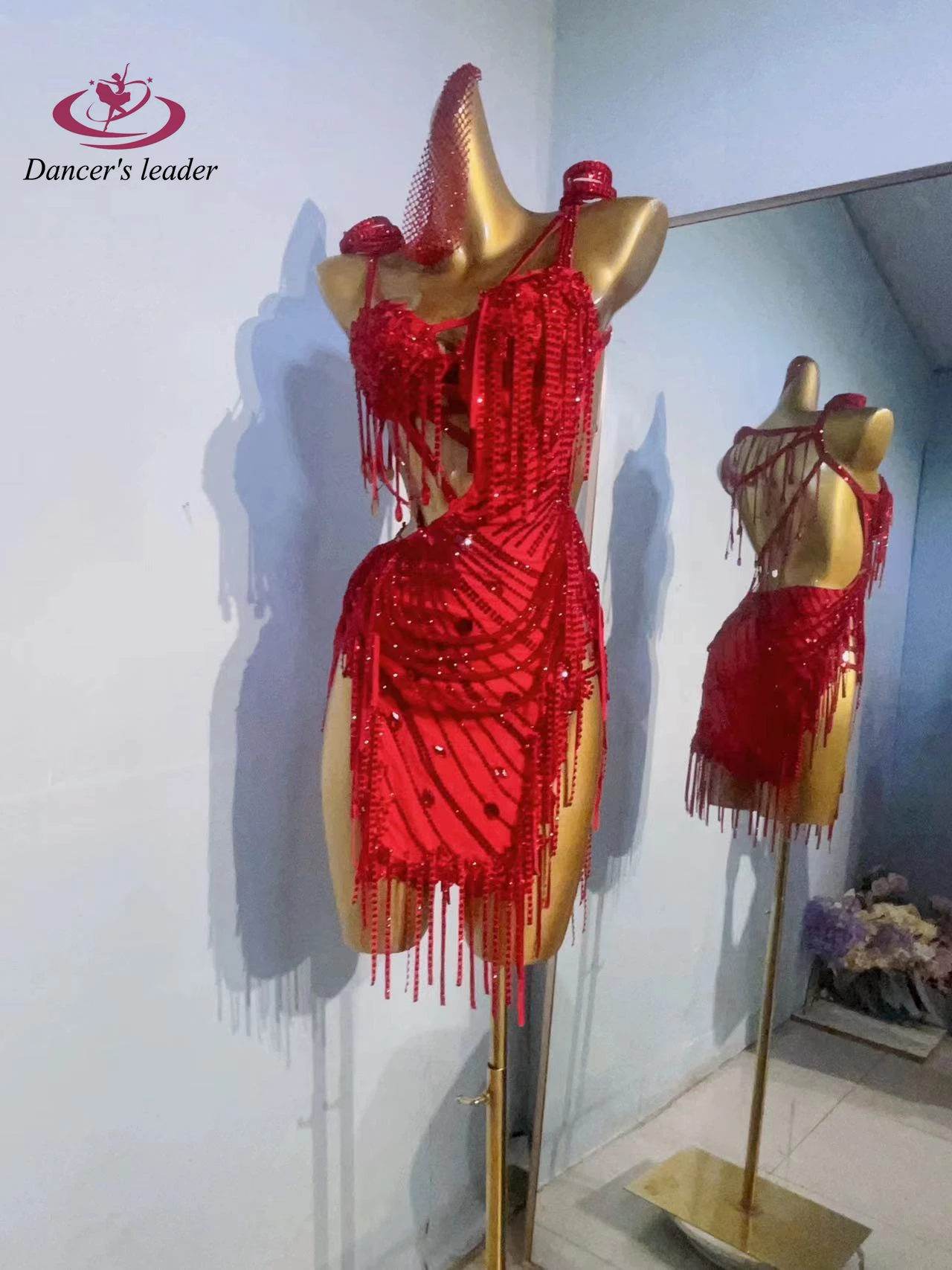 Latin Dance Stage Women's High-end Customized Red Hollow Suspender Samba Rhinestone Performance Costume Dress