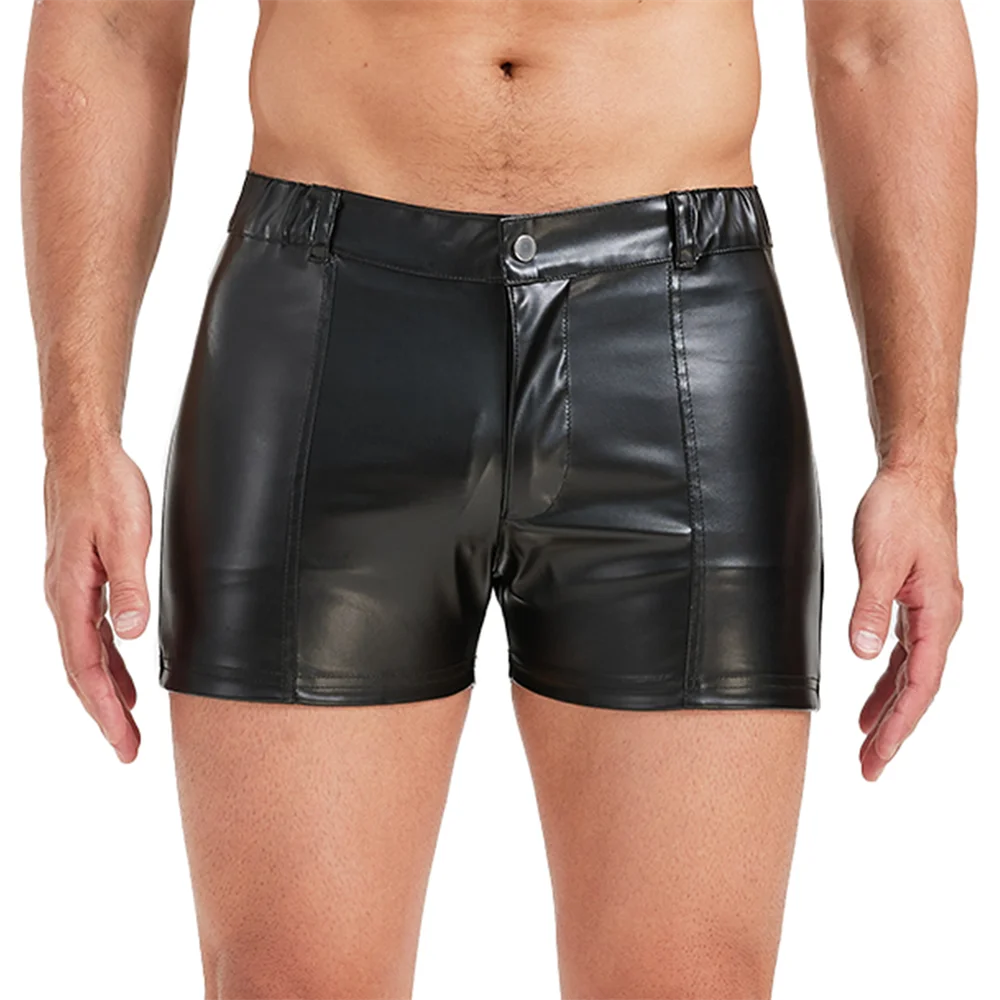 

Men's PU Leather Shorts Fashion Elastic Waistband Nightclub Short Pants Zipper Men Casual Shorts for Club Party Dance Costumes