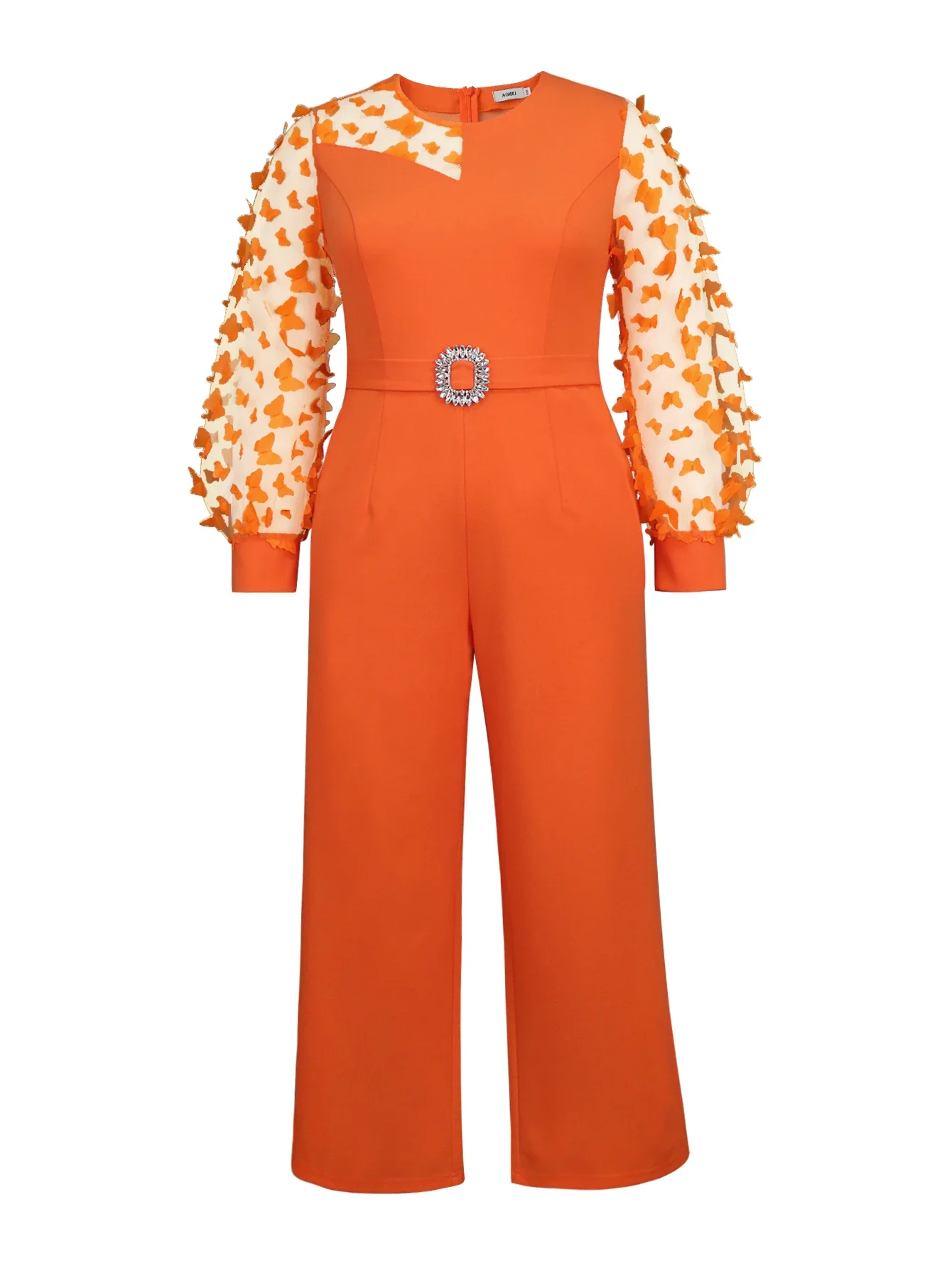 AOMEI 2024 Autumn/Winter New Orange Splicing Jumpsuit Women\'s Butterfly Mesh Long Sleeve Elegant Party Tie Diamond Belt Jumpsuit