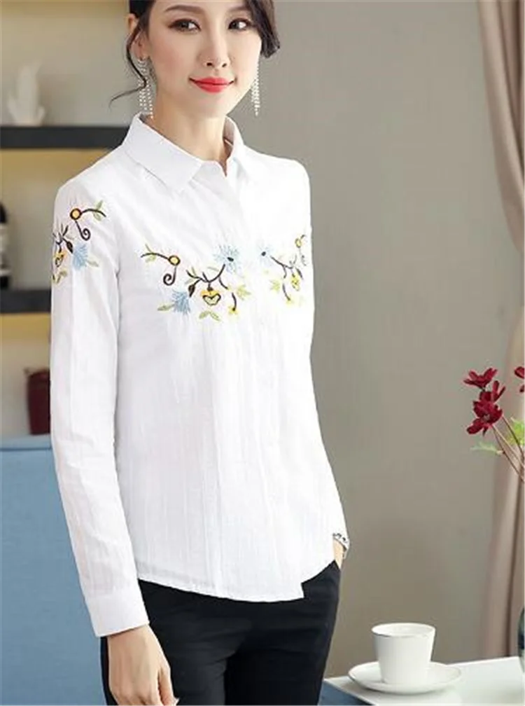 Pure Cotton Embroidered Shirt Women Blouses Retro Blouse National Tops Lapel Long-Sleeve Button Loose All-Match Female Blusa