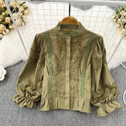 Court Styl Age Reducing Gentle Shirts Stand Neck Lace Patchwork Puff Sleeve Blusas Hollow Out Single-breasted High Grade Blouses