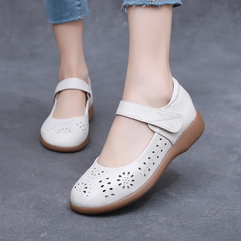 GKTINOO Genuine Leather Ladies Flats Summer Shoes Woman Plus Size Casual Loafers Hollow Round Toe Soft Comfort Sandals Female