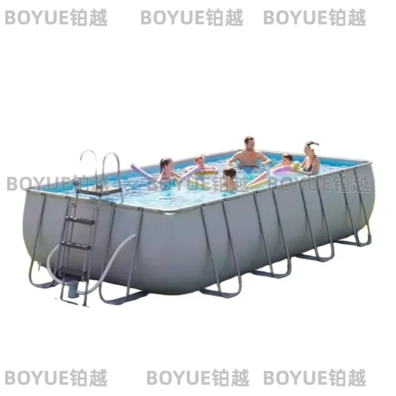 Large Rectangular Above Ground Swimming Pool Set with Sand Filter Pump and Removable Ladder for Backyard Outdoor Use Gray