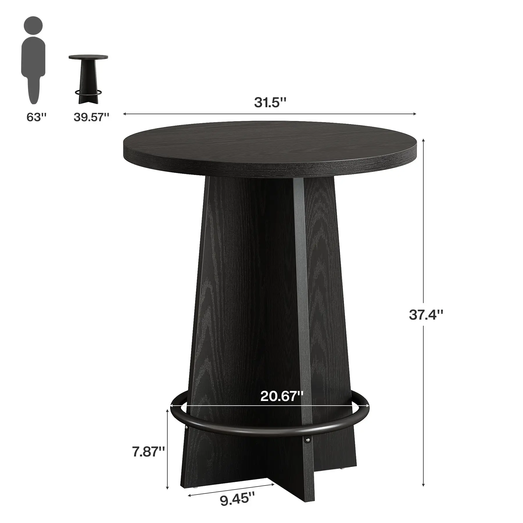Round Bar Table The pub table features a warm brown wood grain circular tabletop and a unique cross shaped wooden base