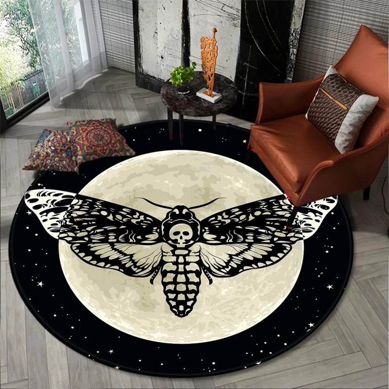 VIKAMA Gothic Style Moth Round Rug, Soft Non-Slip Living Room Sofa Mat, Bedroom and Study Floor Mat, Halloween Home Decoration