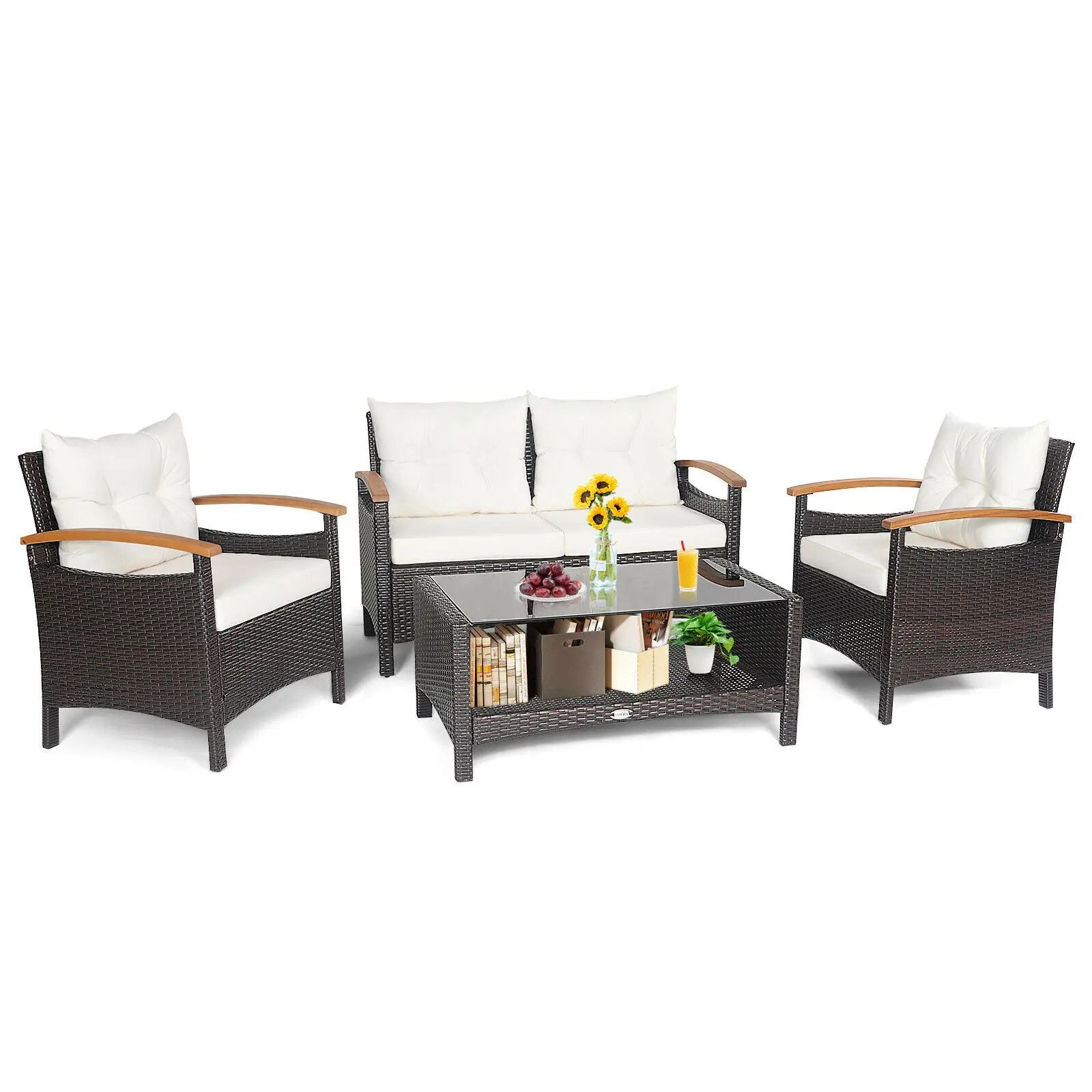 

Patiojoy 4PCS Patio Rattan Furniture Set Cushioned Sofa Storage Table Off White HW69469WH+