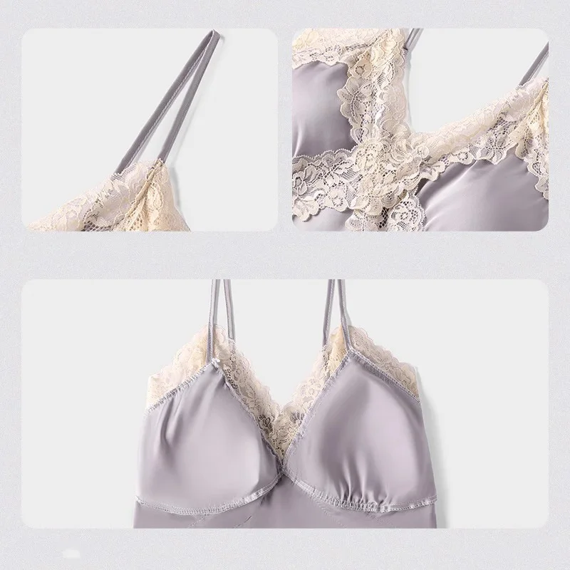 Damen Sexy Satin Pyjama Set Spitzenbesatz Cami Top Shorts Lingerie Nachtwäsche Seidig Schwarz Creme V-Ausschnitt Spaghetti-Träger Zweiteiliges Set – Detail 14