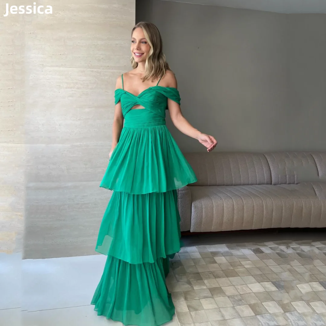 

Jessica Elegant Ladies Off-shoulder Prom Dresses Green A-shaped layering Evening Dresses Wedding Party Dress Robes De Soirée