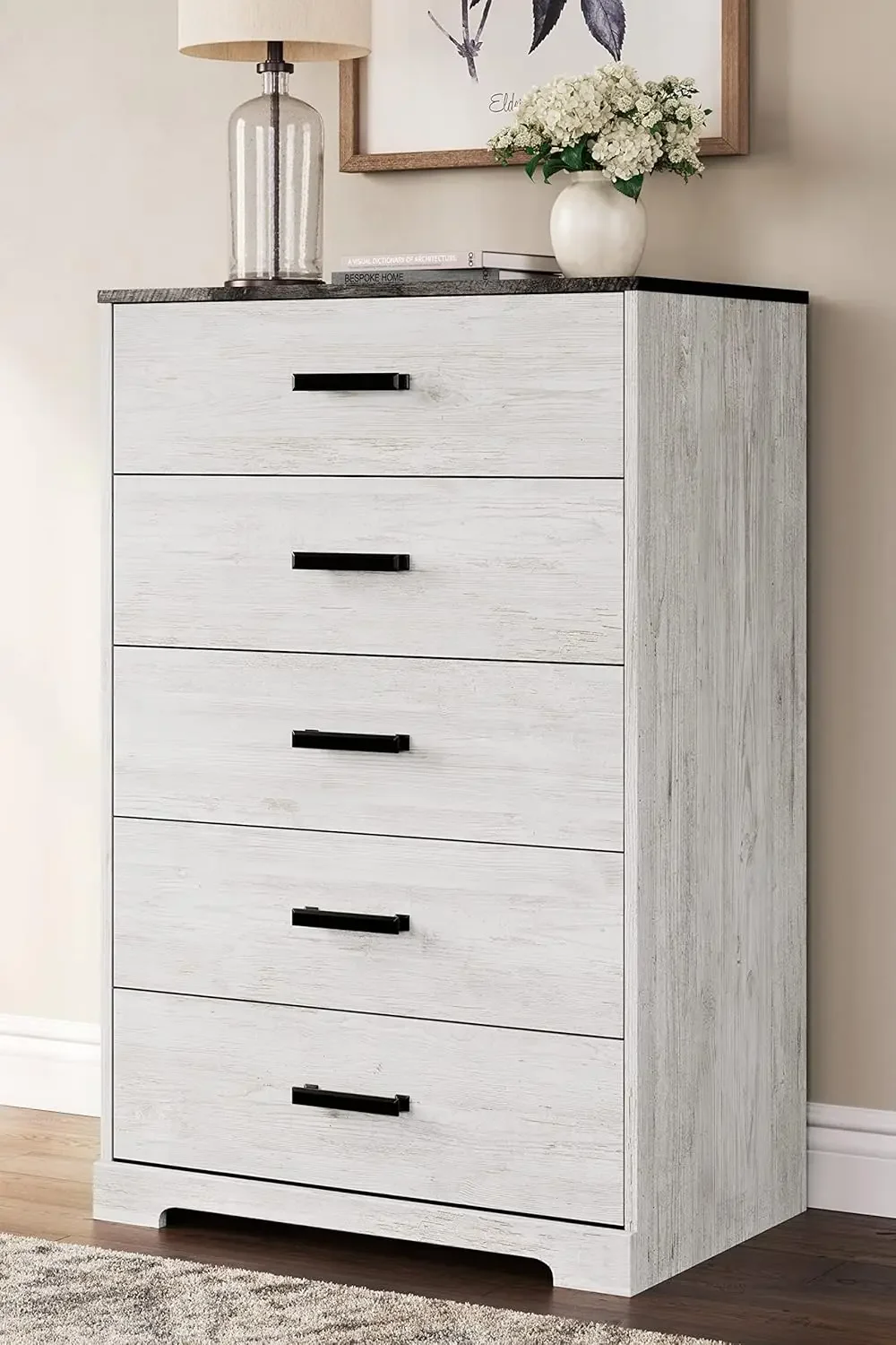 Shawburn Rustic 5 Drawer Chest of Smooth-Gliding Drawers and Safety Stop, White & Gray