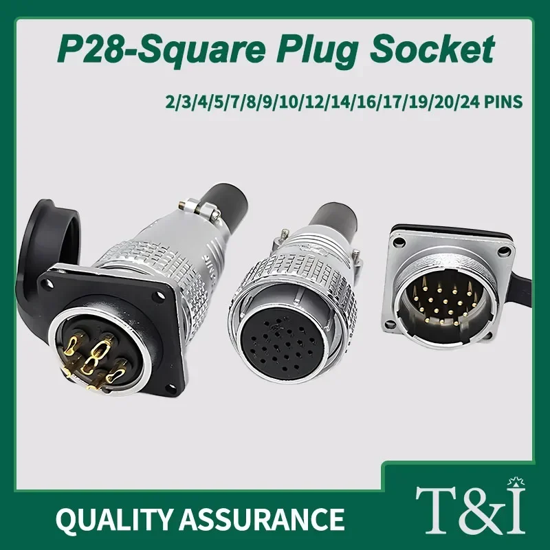 

P28-Square Socket Plug Aviation Connector 2-24 Pins Butt Joint Design Male and Female Rear Nut, P28K2Q/P28K4Q/P28K24Q Connection