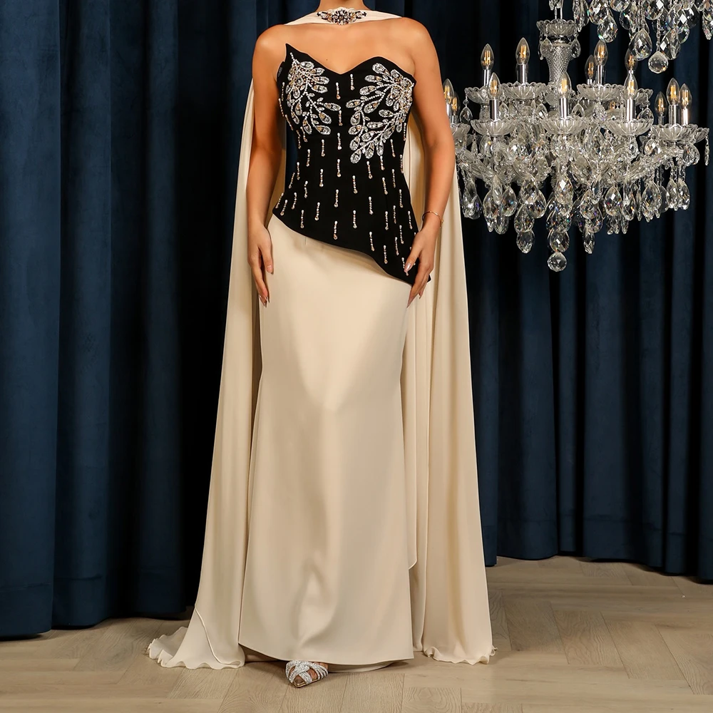 

Customized A-line Evening Dresses Floor-length Strapless Sleeveless Prom Gown Fashion Crystal Simple Stole Draped Party Gown