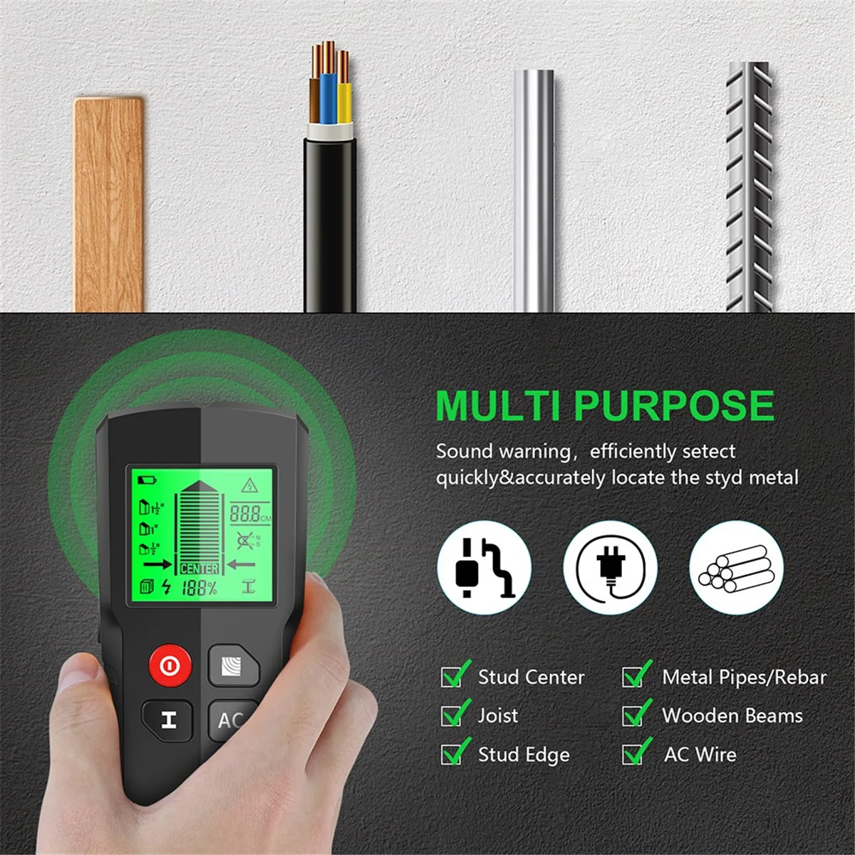 Détecteur de Clous Muraux 5 en 1 avec Écran LCD Noir, Scanner Électronique pour Bois et Métal