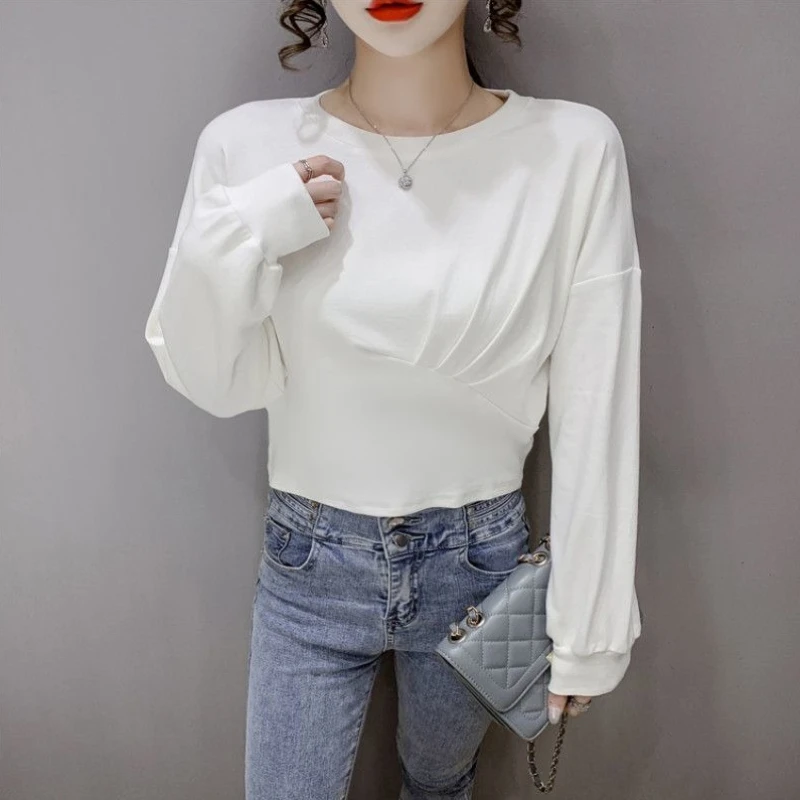 Women's 2026 Spring Autumn Cropped Pullover Sweatshirt Petite Friendly Loose Versatile Fashion Inner Top