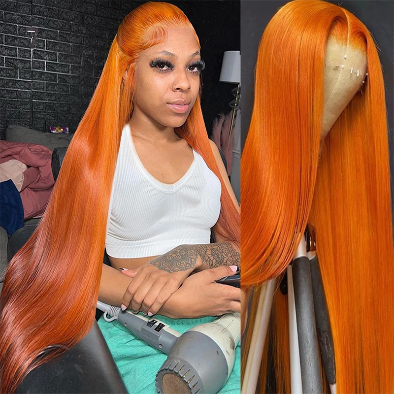 Orange Ginger Lace Front Wig Human Hair 13x4 Straight Lace Frontal Wig Pre Plucked Highlight Colored Human Hair Wigs For Women