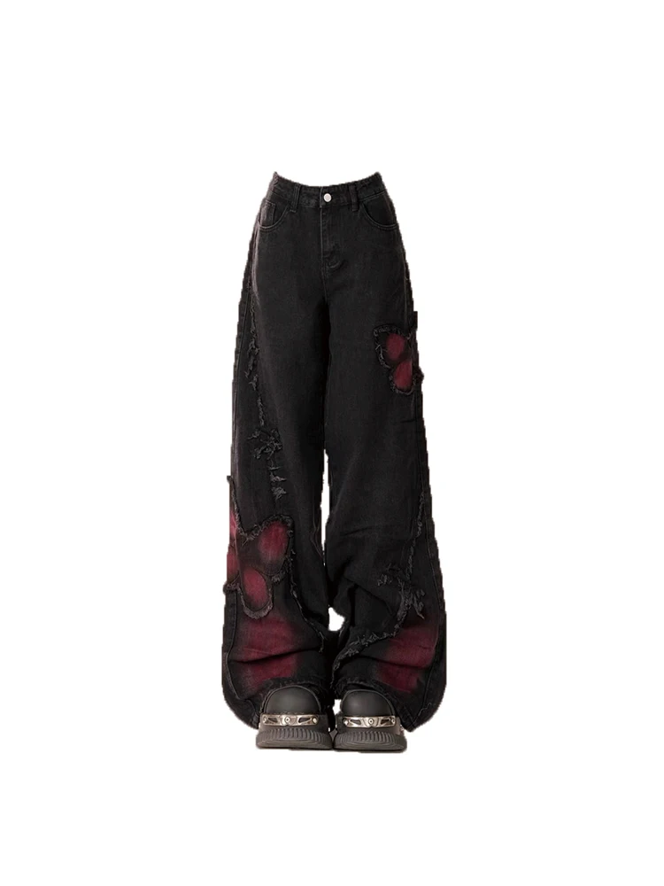 Women\'s Black Gothic Baggy Jeans Harajuku Y2k Aesthetic Butterfly Denim Trousers Korean Jean Pants Vintage 2000s Trashy Clothes