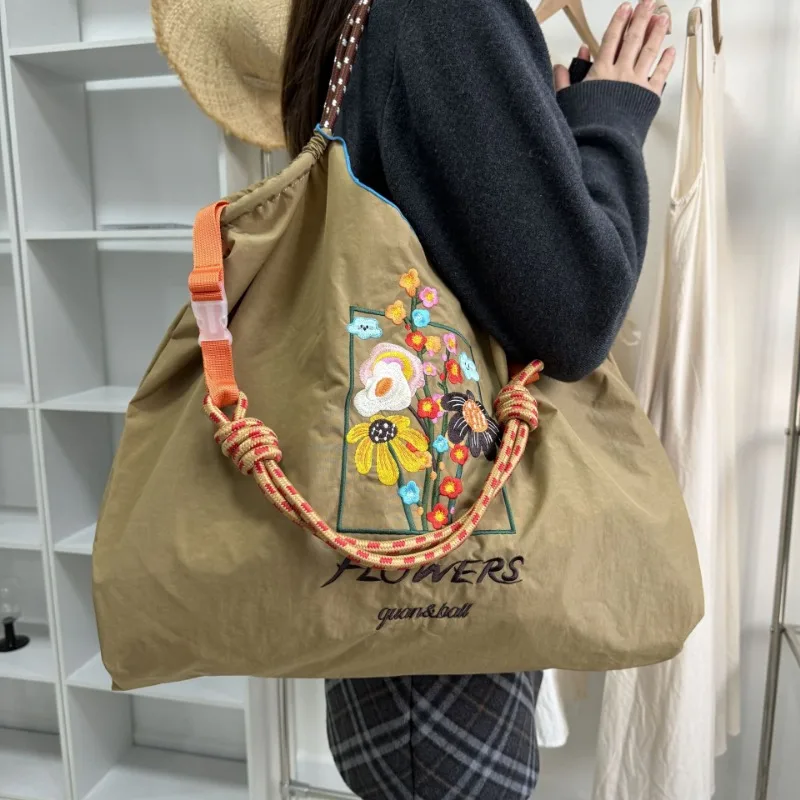 Kawaii Ball Chain Potted Flower Canvas Bag Cartoon Series Foldable Girls' Large Capacity Oxford Shoulder Embroidered Nylon Bag