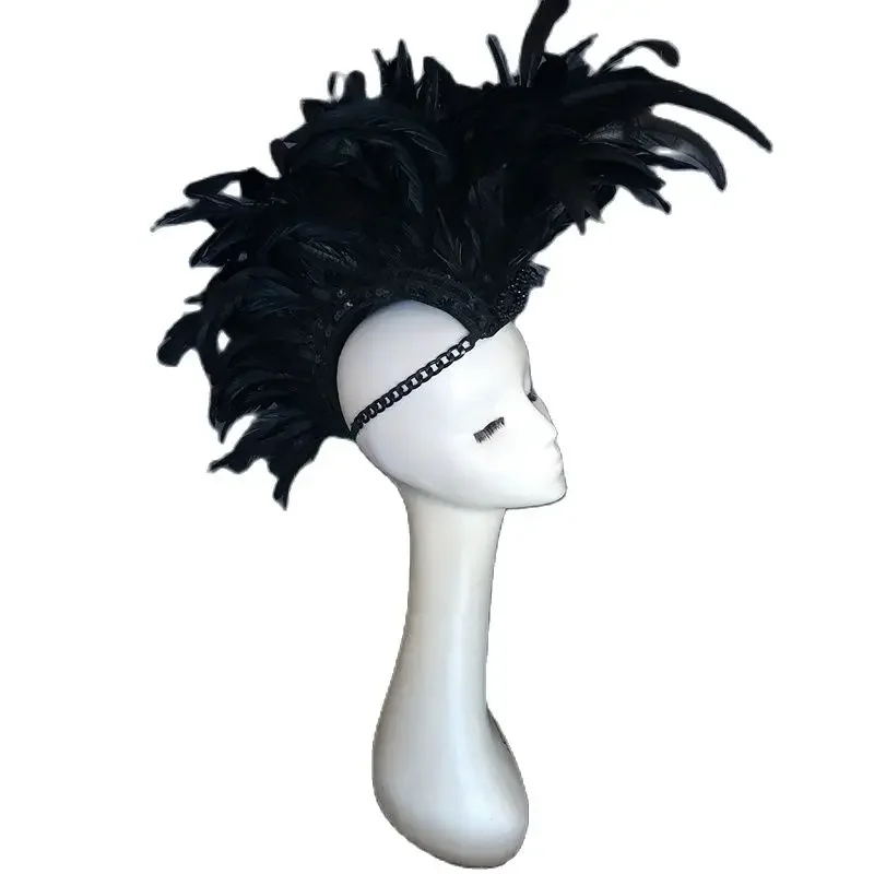 Copricapo di piume nere Uomo Donna DS Nightclub Bar Abbigliamento per spettacoli teatrali Accessori per passerelle di scena per adulti Outfit XS3206