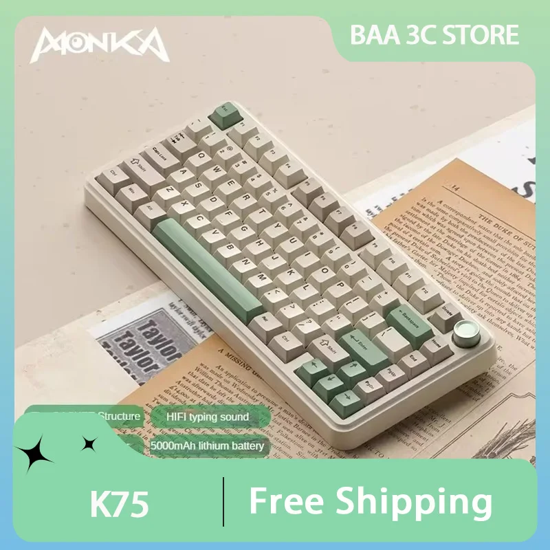 

MONKA K75 Mechanical Keyboard Three Mode Customized RGB Gasket Hot Swap Multifunction Knob Gaming Office Keyboard Accessories