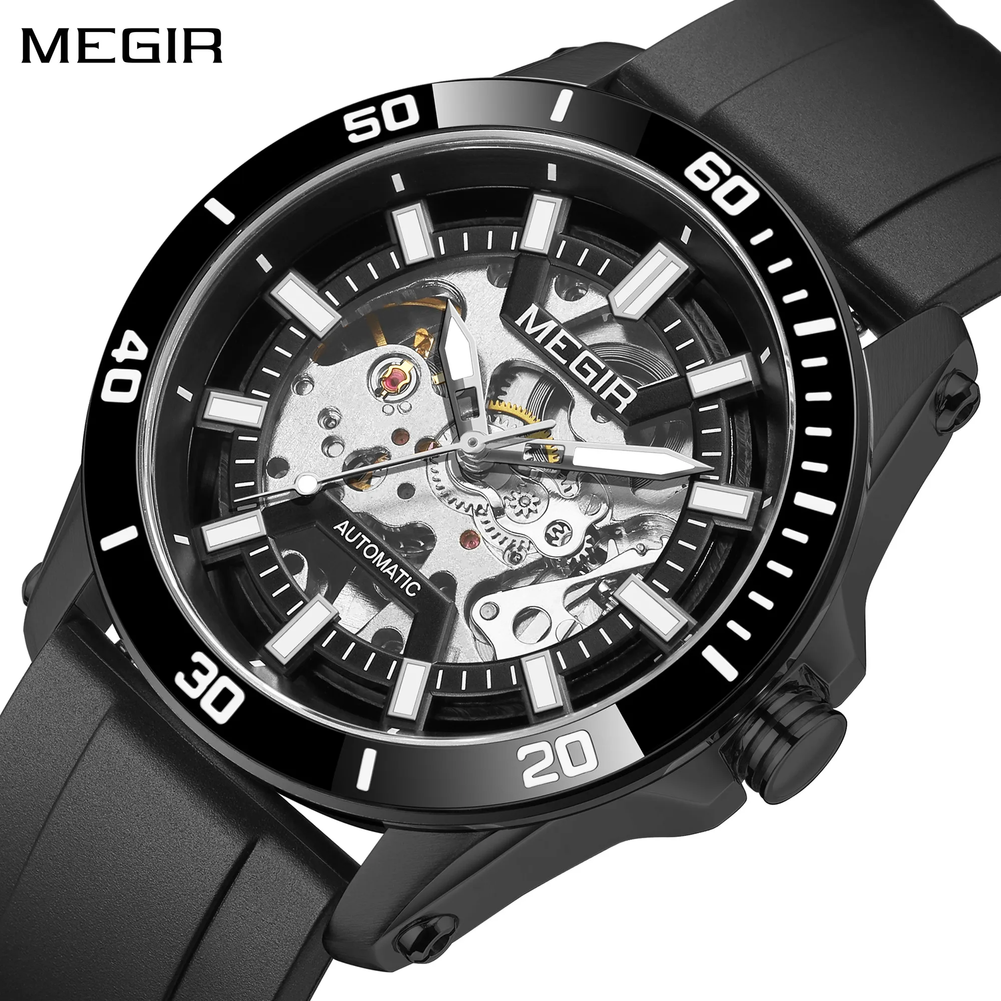 MEGIR Luxury Men's Automatic Mechanical Watches Skeleton 5ATM Waterproof Stainless Steel Case Luminous Wristwatch Clock 8605