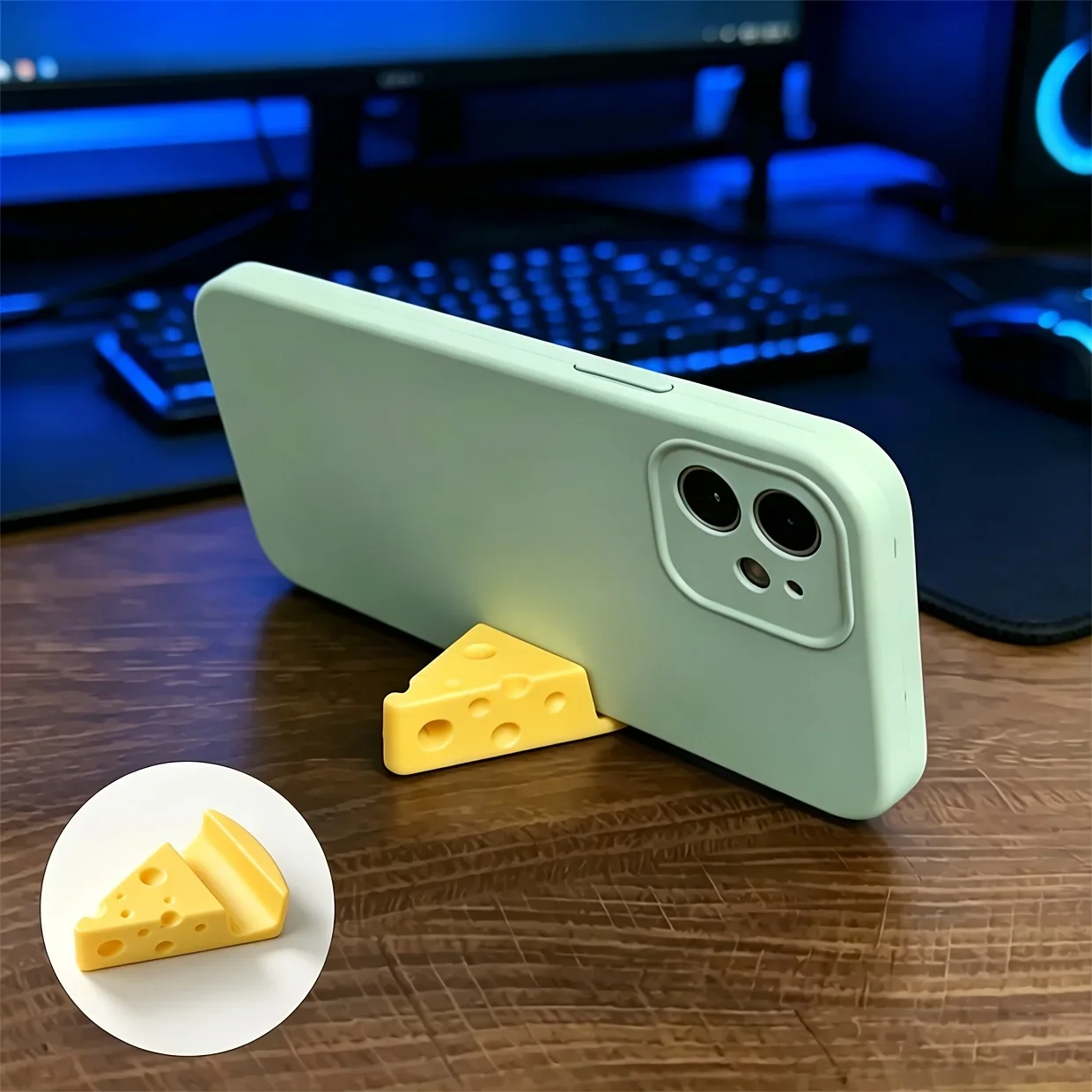 Detachable Cheese Shaped Phone Holder Desktop Organizer Multifunctional Storage Stand with Keychain Novelty Room Decor