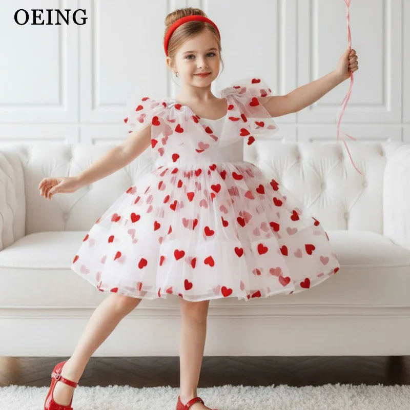 OEING Sweet A-Line Girl Birthday Party Dresses Heart Print Knee Length Puff Sleeves Princess Dress Kid Girl Dress Customized