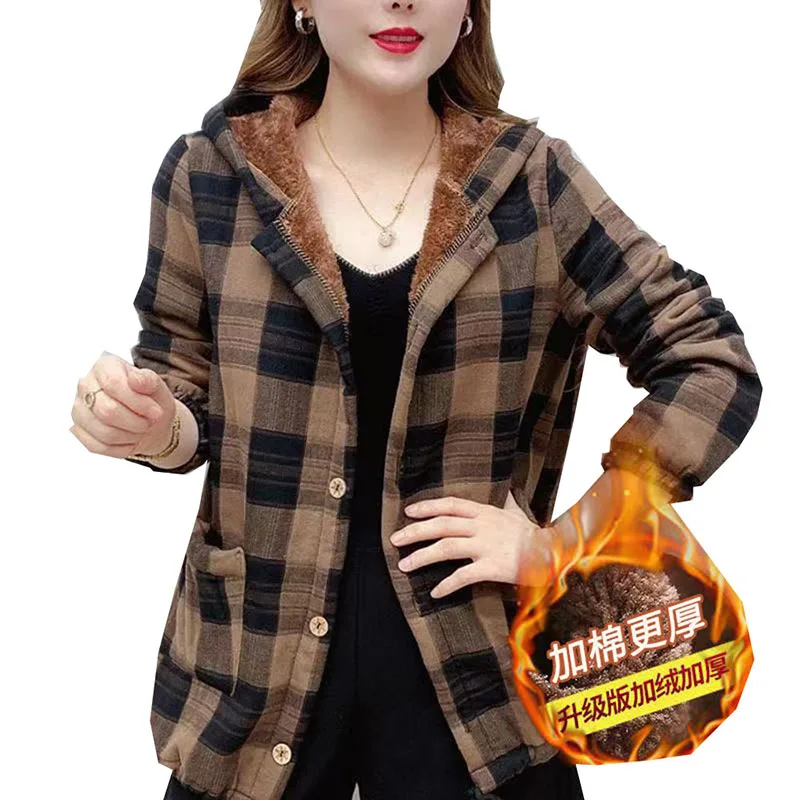 2022 New Hooded Autumn Winter Ladies Jacket Fashion Add Velvet Short Women\'s Coatlattice Single-Breasted Loose Outerwear