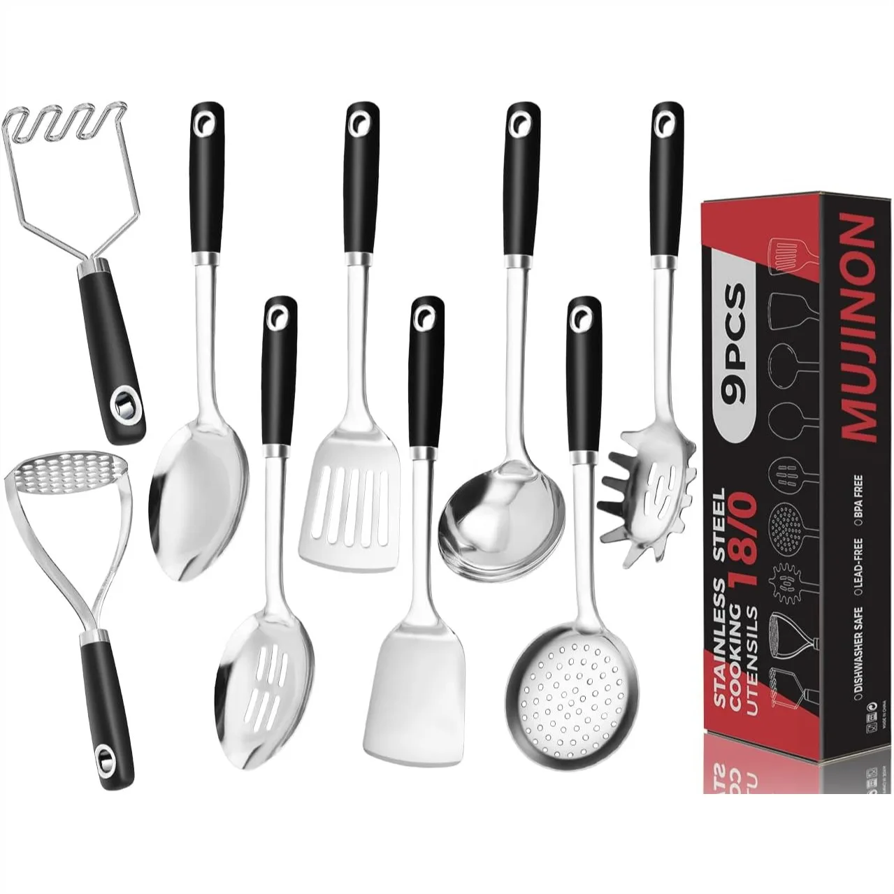 

18/0 Stainless Steel Cooking Utensils Set, Heavy Duty Kitchen Utensils 9 Piece Dishwasher Safe