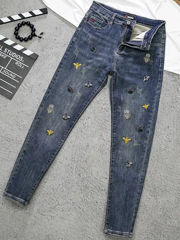 

Ele Embroidered Slim Fit Jeans Men's Trendy Elastic Casual Long Pants mid Waist Zipper Closure Youth Faion Autumn Wear