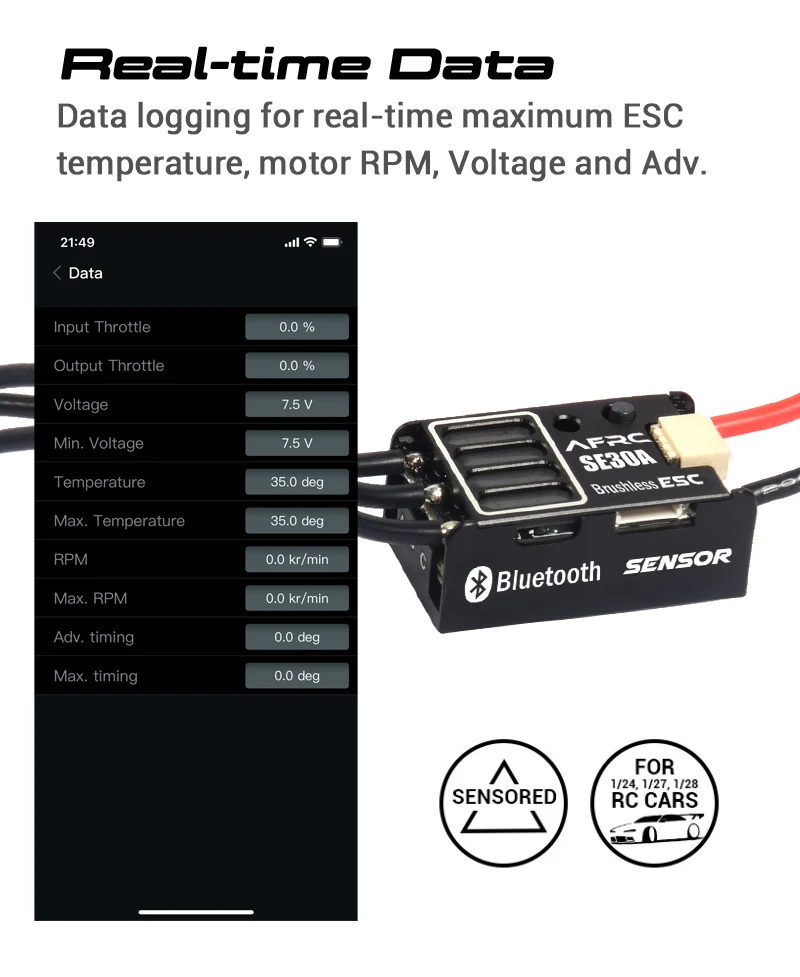 SE30A Bluetooth Elektronischer Geschwindigkeitsregler Programmierbarer Bürstenloser ESC für 1/24 1/28 Maßstab Mini RC Auto Drift Racing Zubehör – Detail 6