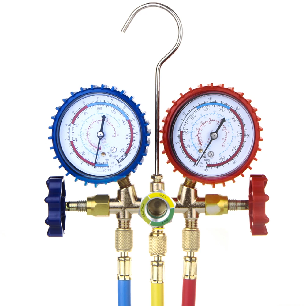 New Air Conditioning Pressure Gauge with Hose and Hook 3 Way AC Diagnostic Manifold Gauge Set for Freon For R12 R22 R404A R134a