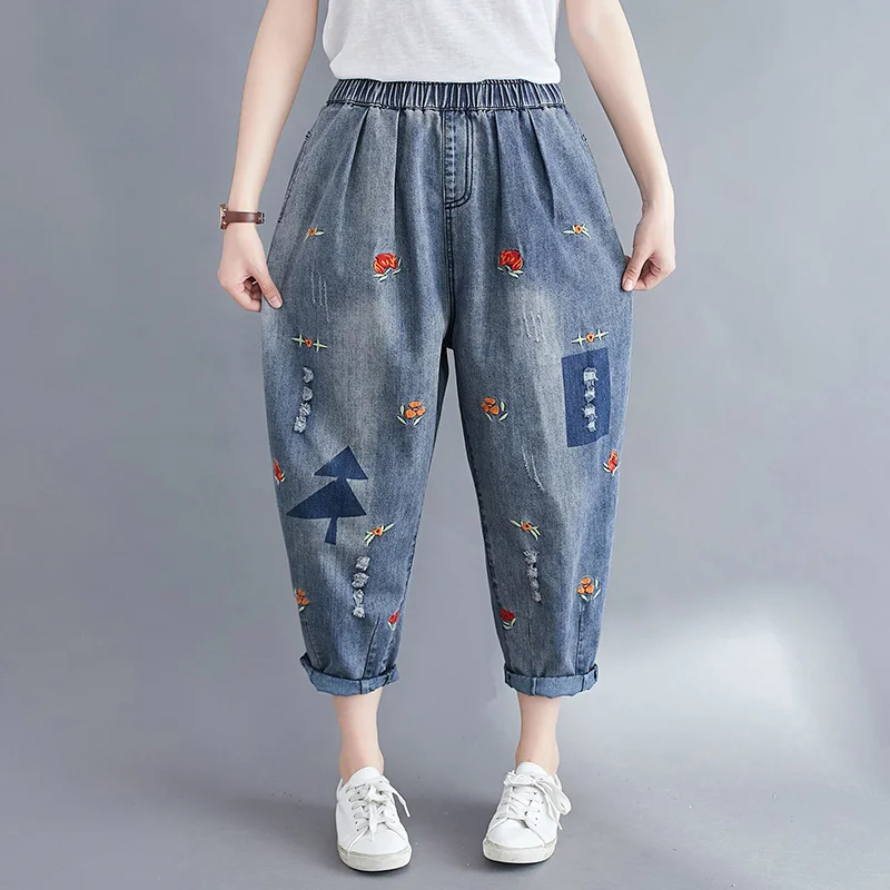 

#2228 Summer Cotton Blue Denim Jeans Women Loose Calf-length Harem Jeans Female Embroidery Holes Ripped Jeans Femme Vintage 3XL