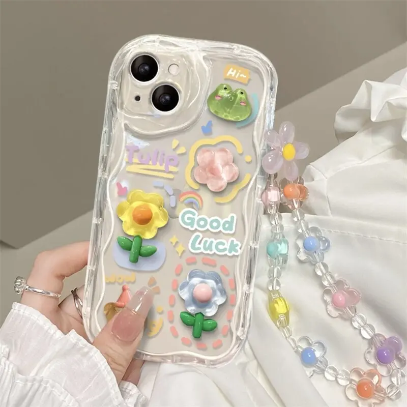 3D Flower Animal Phone Chian Case for Samsung Galaxy S24 S23 Ultra S22 S21 Plus S20 FE A54 A34 A52 A53 A35 A55 A14 A23 A24 Cover