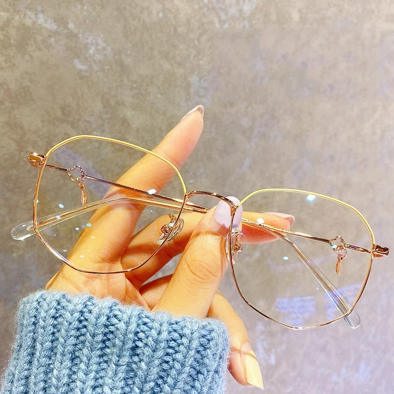 Polygon Large Vintage Female Girls Glasses Frames Designer Metal Golden Fashion Optical Women Myopia Reading Eyeglasses 135mm