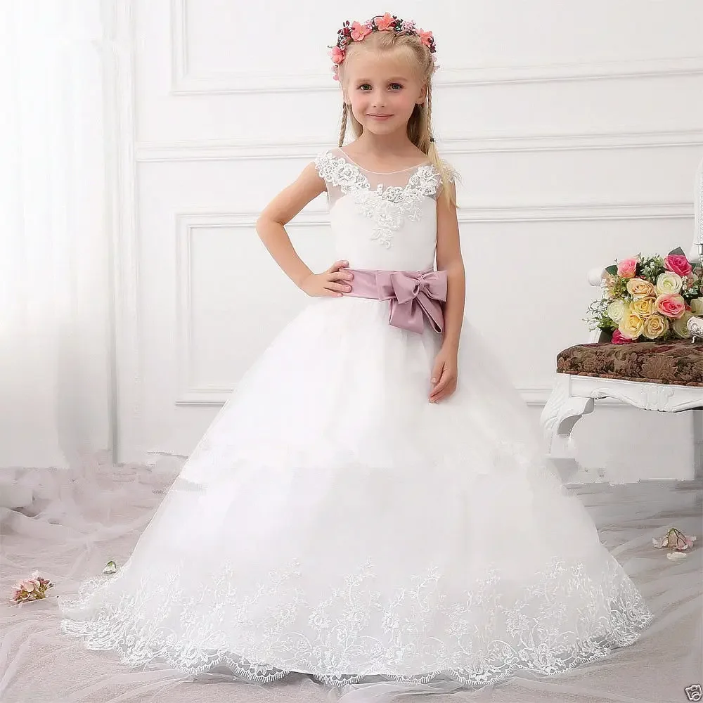 Sukienki dla Druhenek Kokarda Koronka Puszysta Księżniczka Suknia Balowa Bez Rękawów Aplikacje Tiul Gość Weselny Wieczorowa Impreza Personalizacja