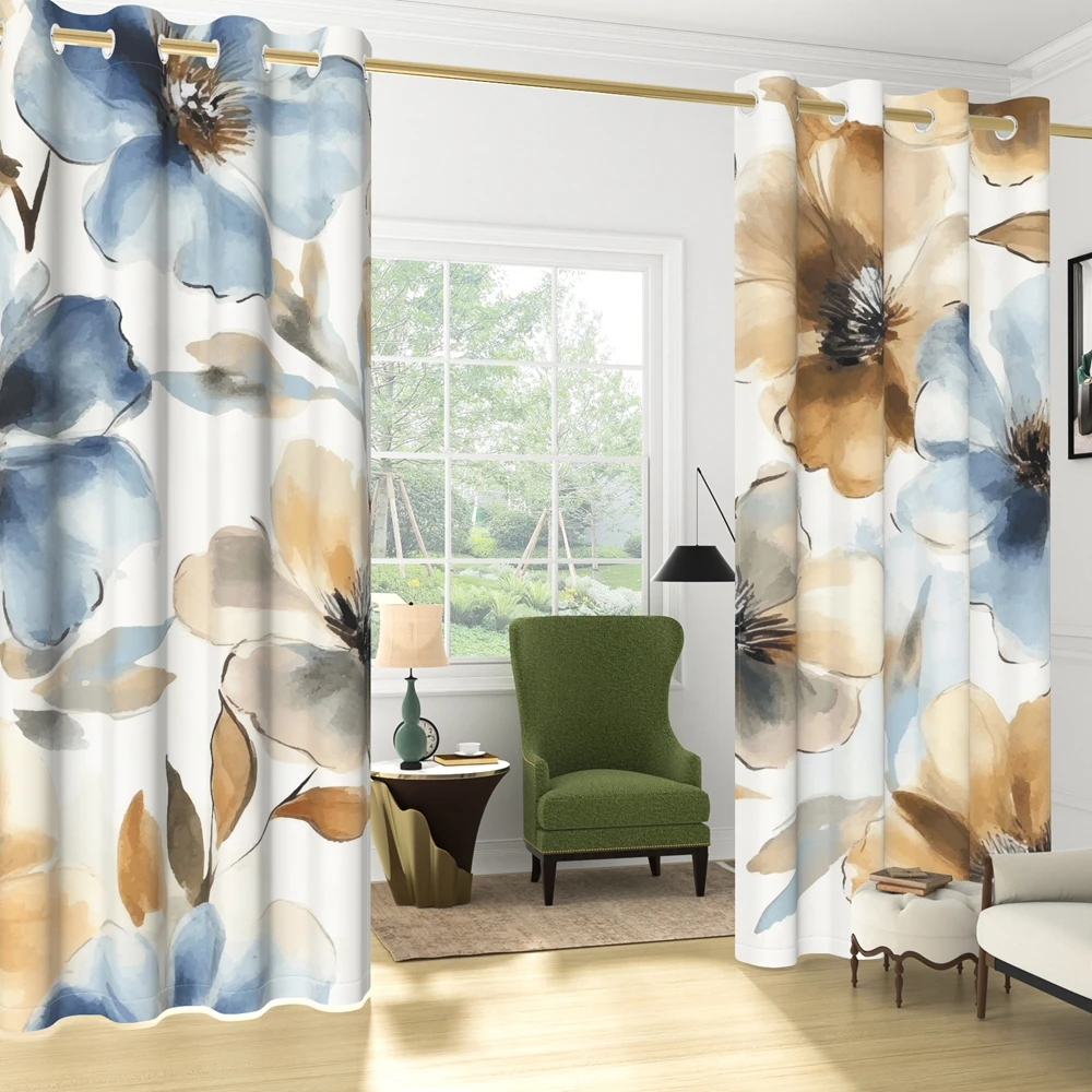Boho Blue Brown Floral Blackout Curtain 2 Panels, Watercolor Print Grommet Drapes Thermal Insulated Light Blocking for Bedroom