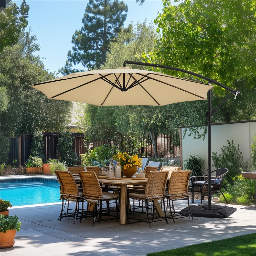 Deluxe Aluminum Pole Cantilever Ribs Patio Umbrella Outdoor Market Event Parasol Sunshade Banana Hanging Umbrella & Bases