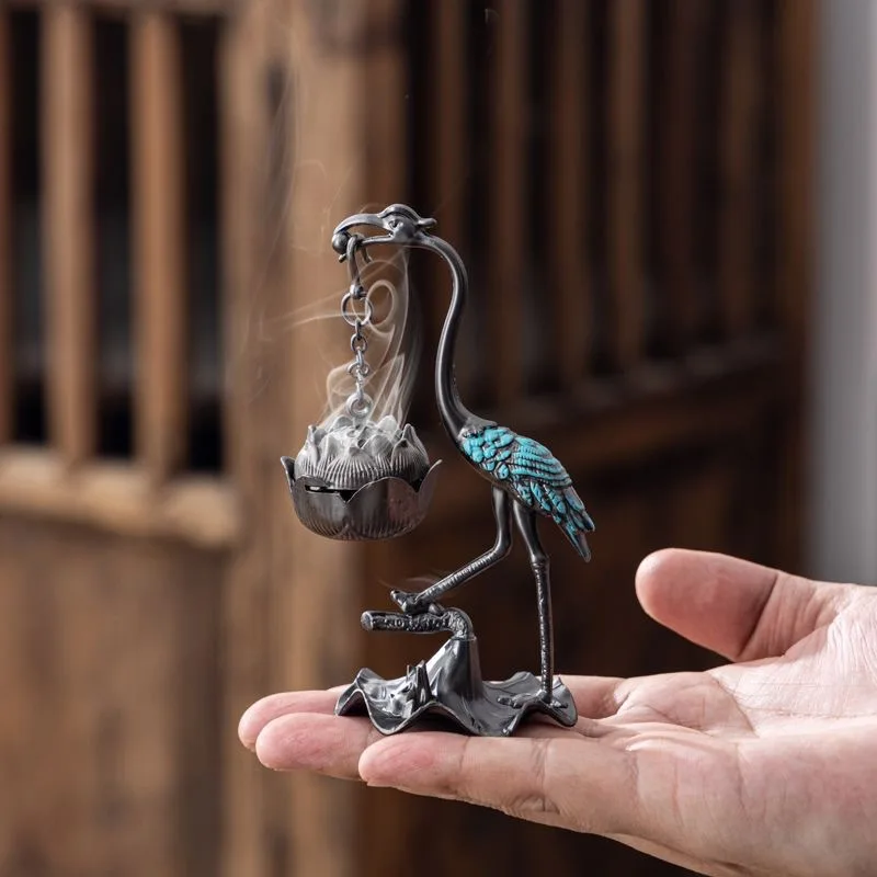 Antique Style Crane Incense Holder, Lotus Hanging Backflow Incense Burner, Elegant Home Decor Gift for Meditation & Yoga